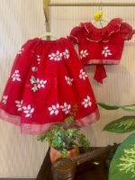 Crimson Leaf Embroidered Cotton Lehenga Set For Girls - Image 4
